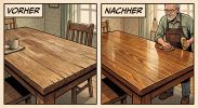 Vorher-Nachher-Vergleich der Restaurierung eines abgenutzten Holztisches.