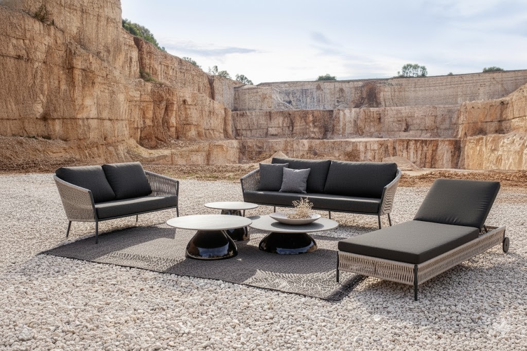 Gartenmöbel vor Felswand, modernes Design.