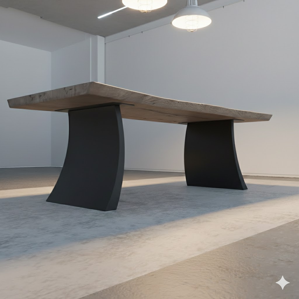 Holztisch mit schwarzen, geschwungenen Beinen