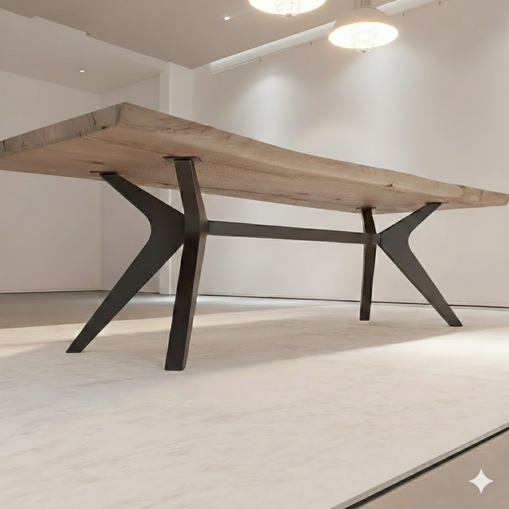 Holztisch mit schwarzem Metallfuß in modernem Raum