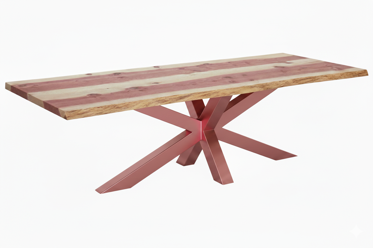 Moderner Holztisch mit Baumkante und kupferfarbenem Spinnengestell.