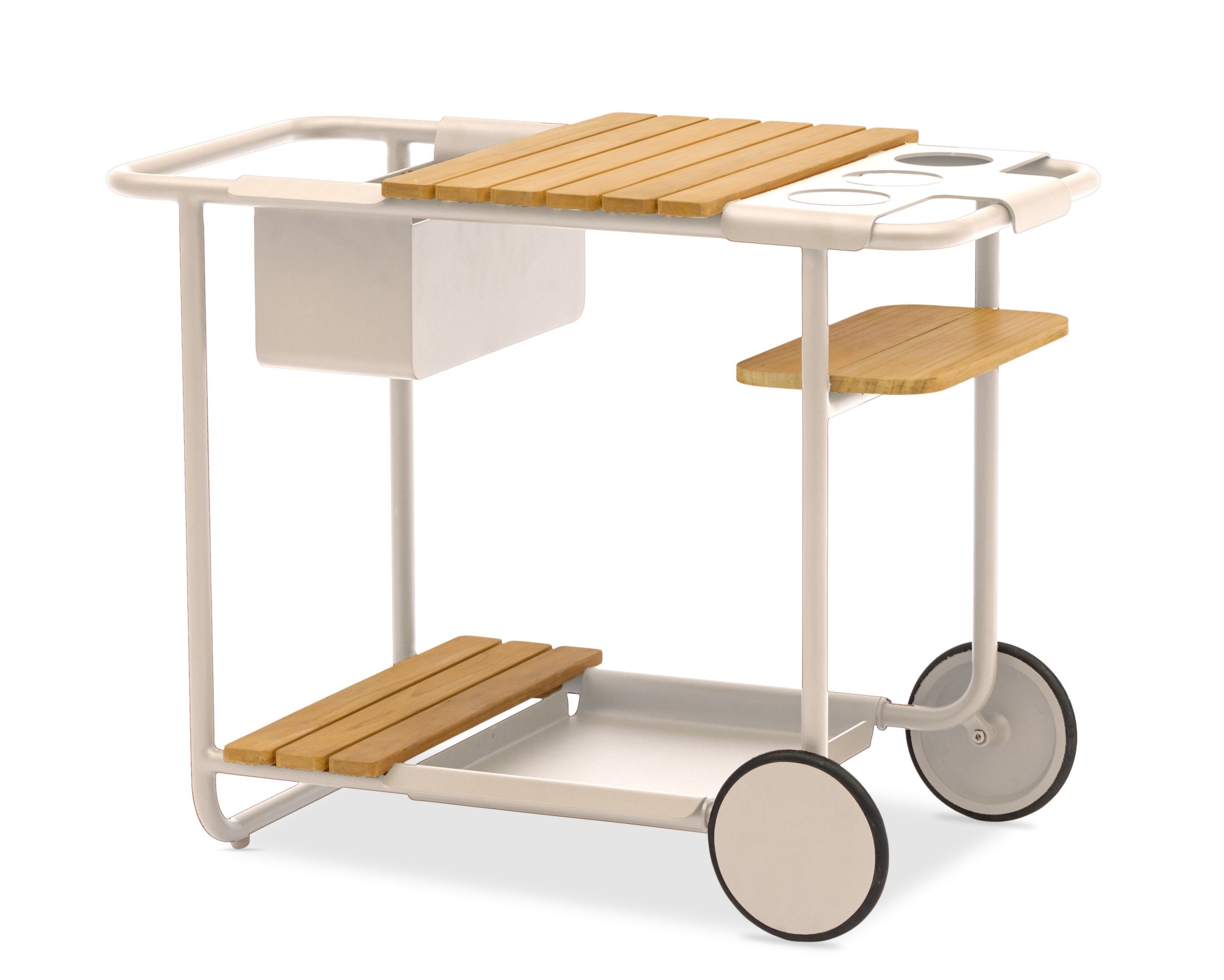 Moderner Servierwagen mit Teakholz-Ablagen und Becherhaltern auf Rädern.