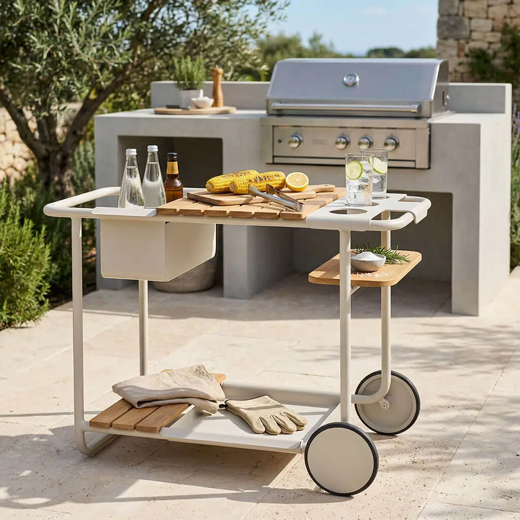 Moderne Außenküche mit Grill und Servierwagen auf sonniger Terrasse.