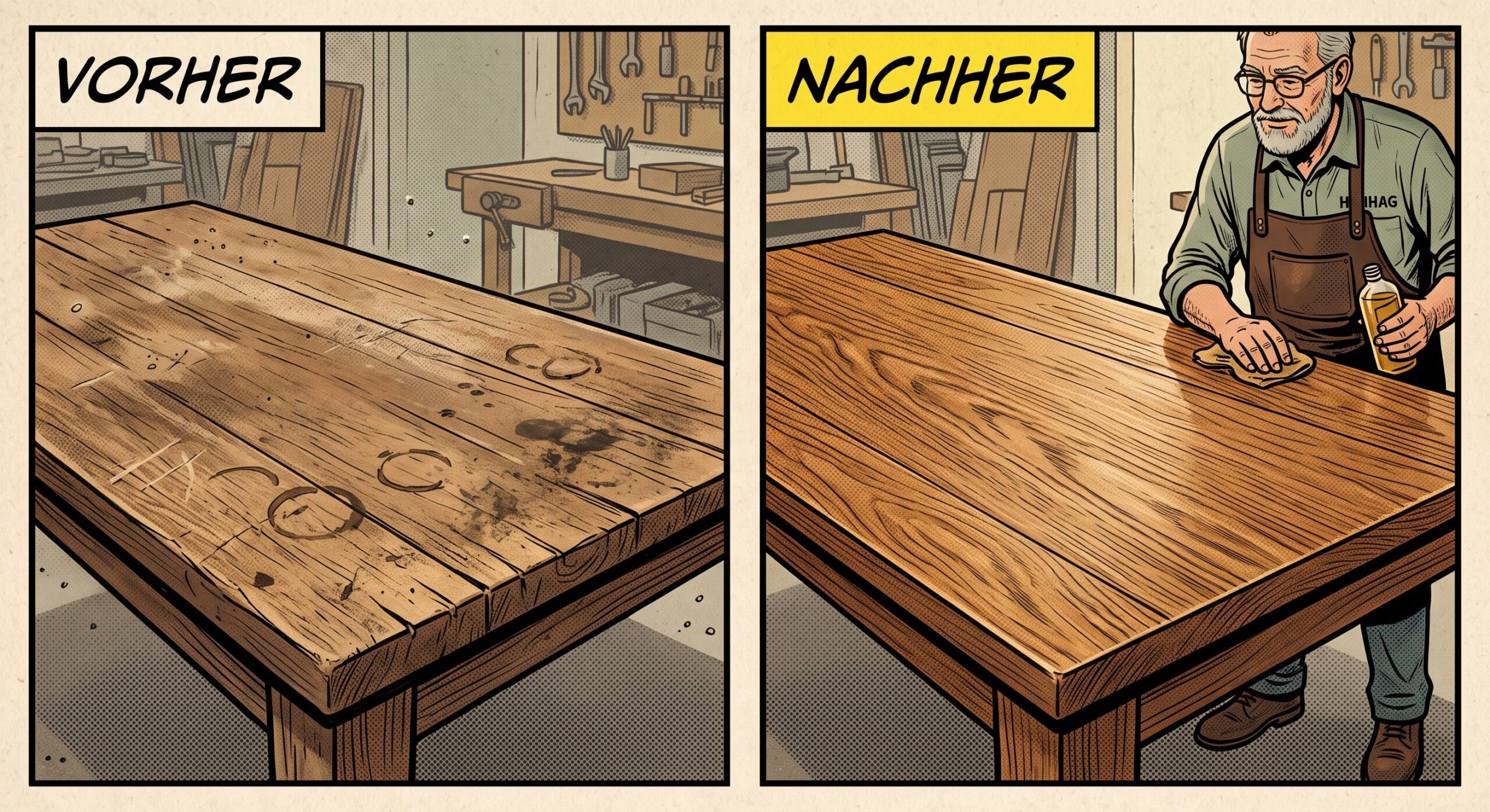 Vorher-Nachher Vergleich einer Tischrestaurierung in einer Werkstatt.