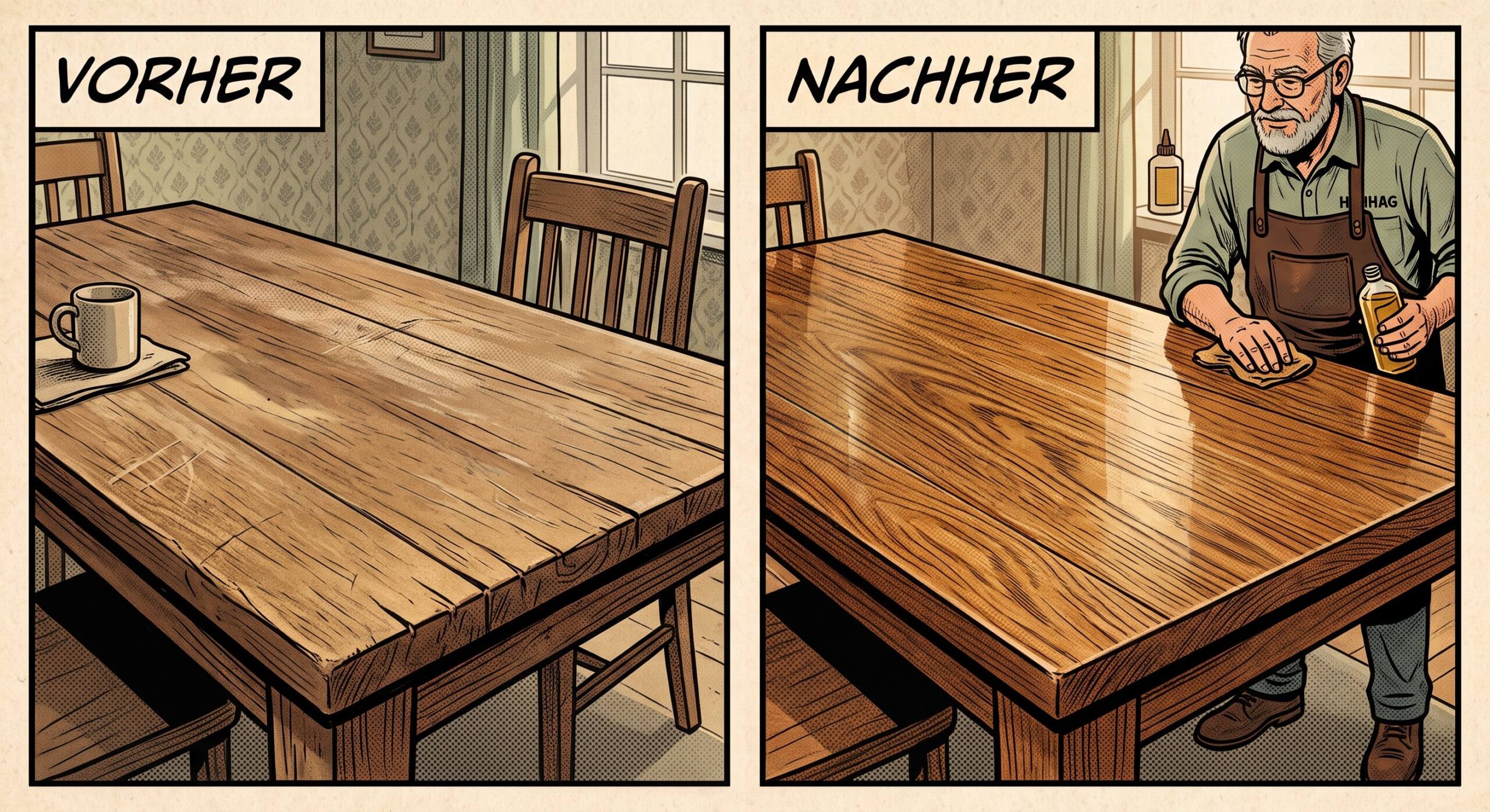 Vorher-Nachher-Vergleich der Restaurierung eines abgenutzten Holztisches.