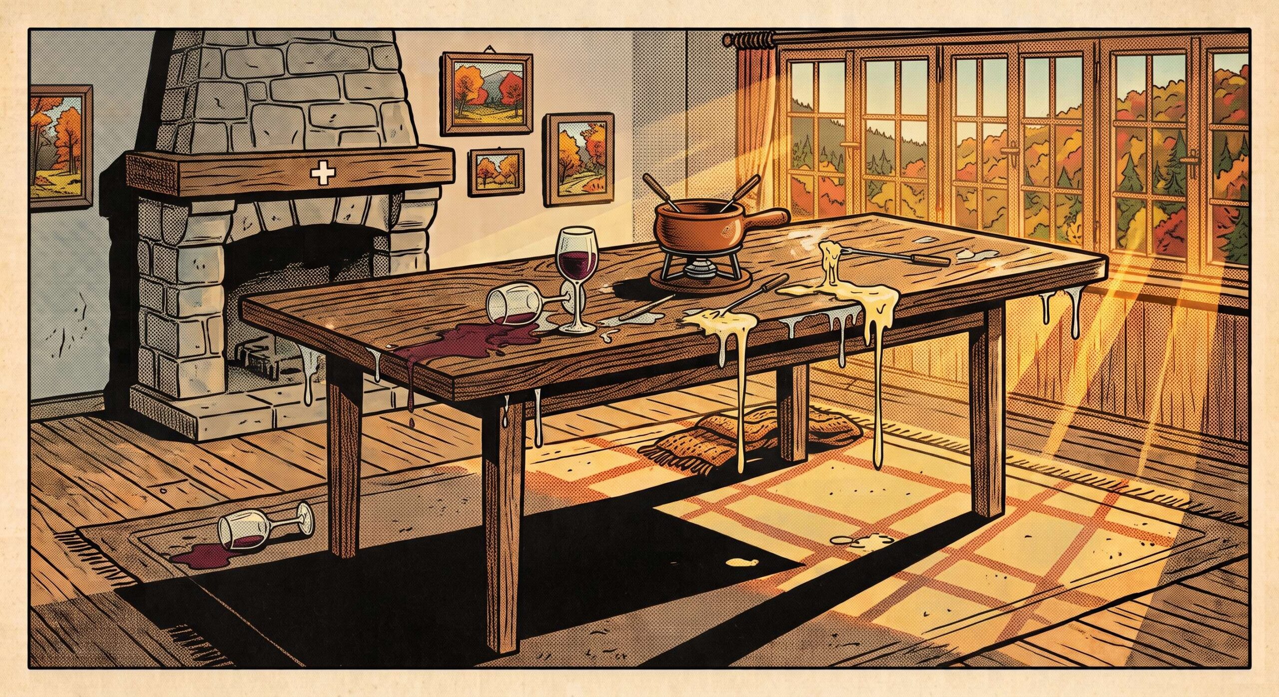 Comic-Illustration eines chaotischen Fondue-Abends mit verschüttetem Wein.