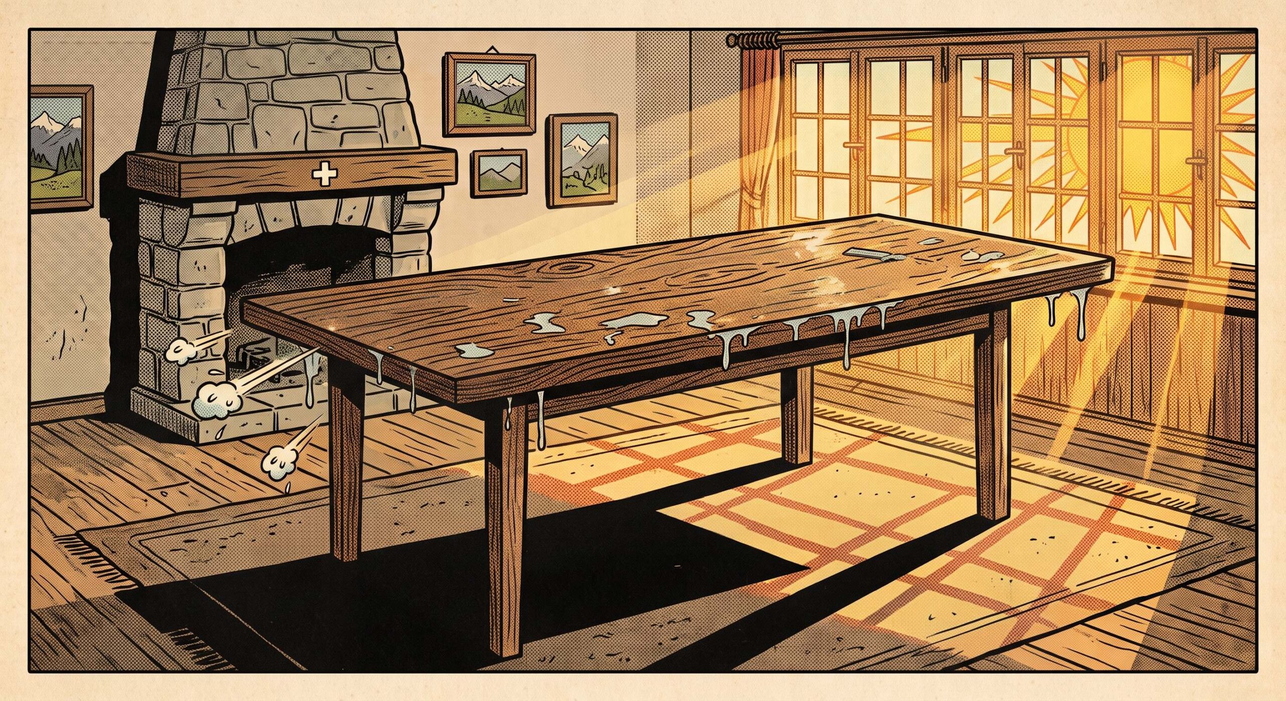 Großer Holztisch in sonnigem Raum mit Kamin im Comic-Stil.