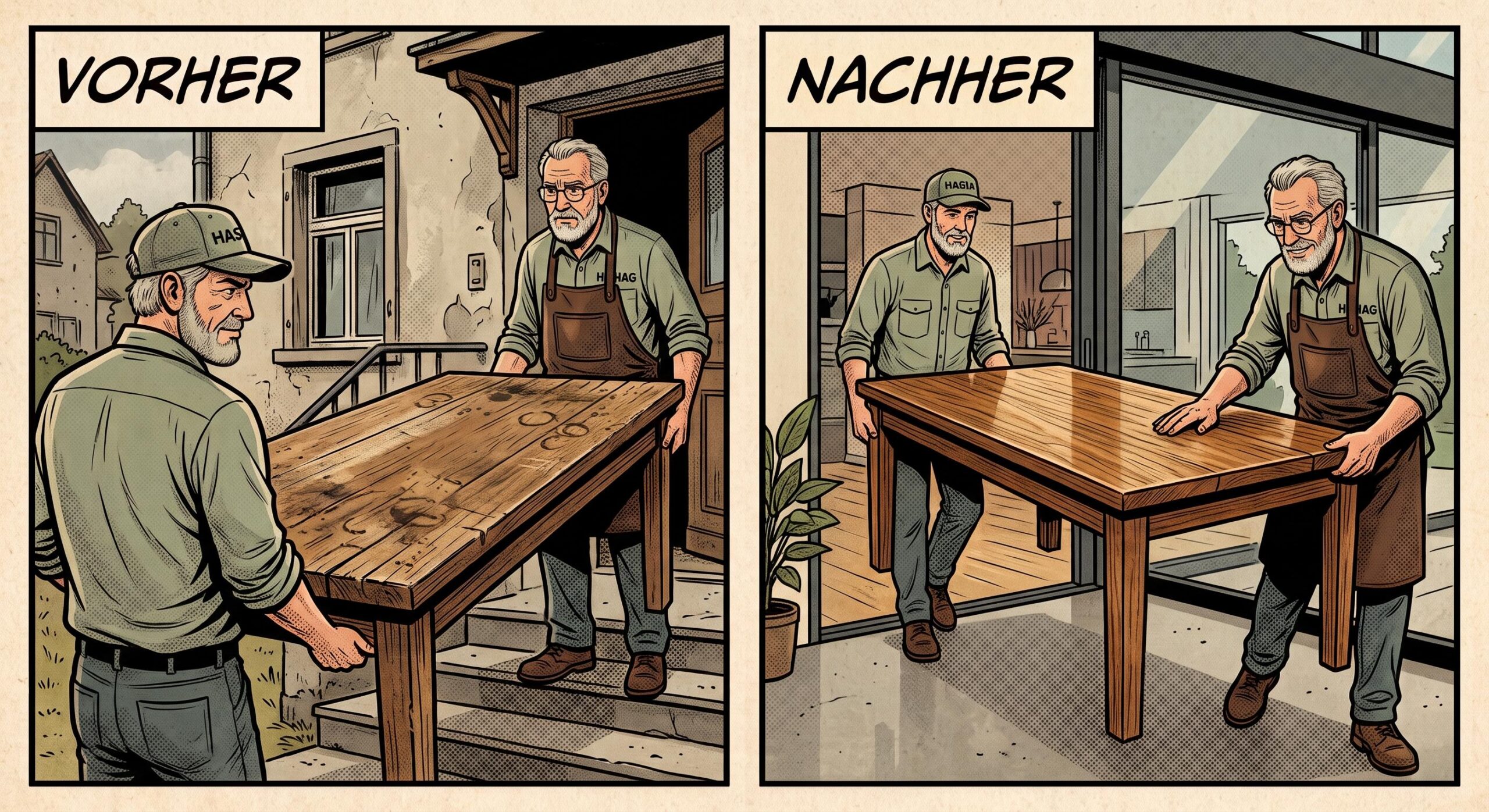 Vorher-Nachher-Vergleich einer professionellen Restaurierung eines alten Holztisches.