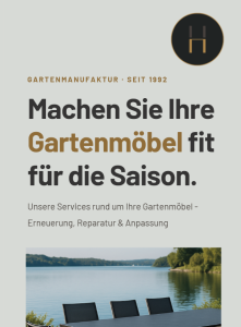 Werbebild für Gartenmöbel-Service mit Blick auf einen See.