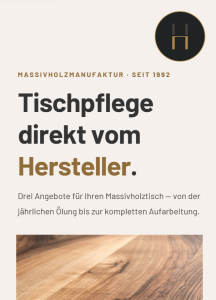 Werbebild für professionelle Tischpflege-Services einer Massivholzmanufaktur.