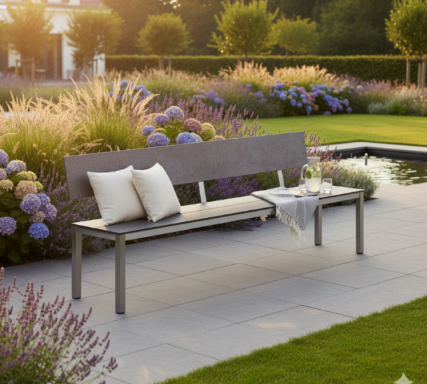 Gartenbank Morcote mit Rückenlehne und Kissen – Outdoor Sitzbank von H. Hasler AG im wetterfest und beständig auch in ungeschützten Gartenbereichen